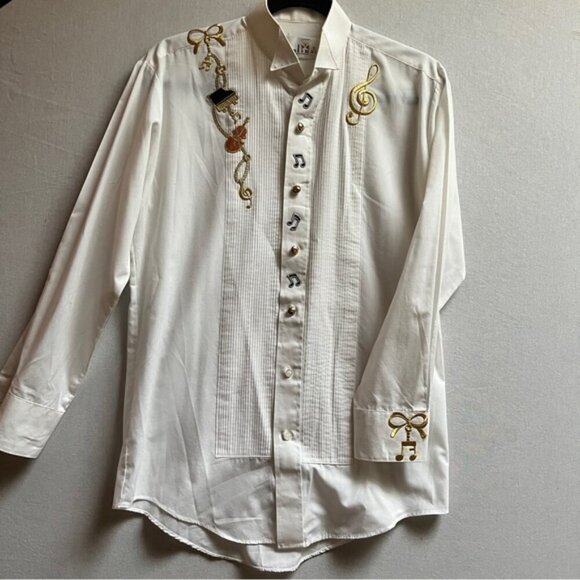 Vintage Chaplin women's embroidered musical notes piano violin white shirt Sz S - Picture 1 of 9